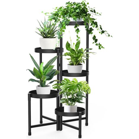Étagère Plante métal Noir,5 Étages Pliable d'Angle,Design Moderne sans Vis, Capacité 27 kg,pour Pots Terrasse Jardin, Intérieur Extérieur (1/5)