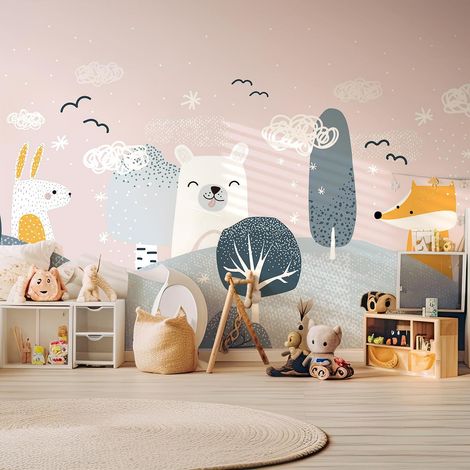 Papier peint enfant forêt douce animaux scandinave pastel papier peint