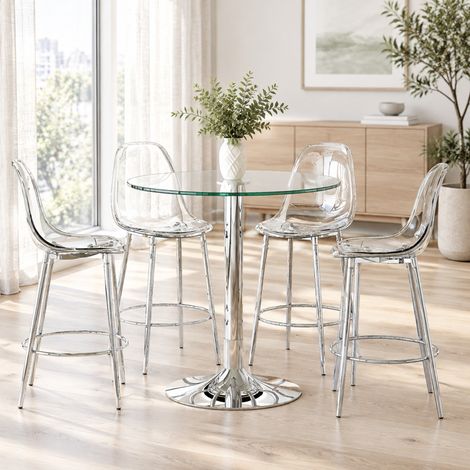 Ensemble bar Ø89 x H92 cm, verre/métal, transparent/argent, 4 tabourets, petit espace – MEUBLIV (1/5)