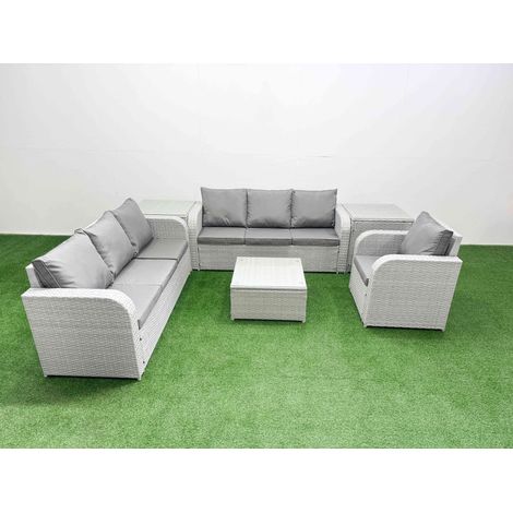 Fimous 7 Seater Poly Rattan Outdoor Garden Furniture Square Coffee Table Sofa Set Patio 3 Seater Sofa Reclining Chair 3 Seater Sofa 2 Side Table Light Grey (1/4)