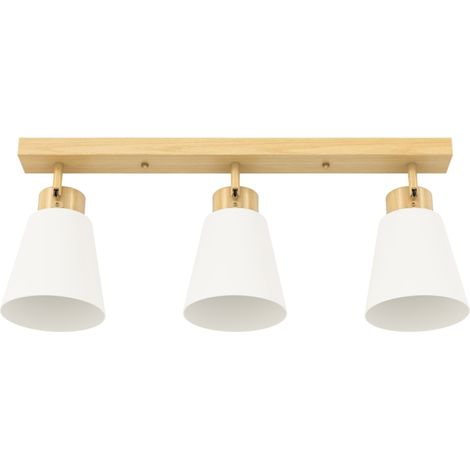 Douilles E27 plafonnier 3 têtes pour salon, cuisine ou couloir, pose murale/plafond, verre crème et effet bois (1/5)