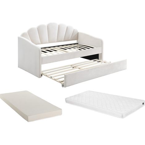 Letto a scomparsa conchiglie 2 x 90 x 190 cm Velluto Beige + Materasso - ELUSIA