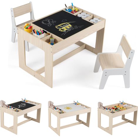 Ensemble Table et 2 Chaises pour Enfants avec Double Plateau Amovible, Tableau Noir et Blanc, Compartiments Latéraux avec Séparateurs Amovibles, Beige (1/5)
