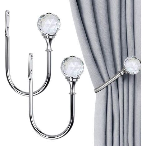 2 U-shaped curtain pieces with clear crystal balls for wall decoration, silver (1/5)