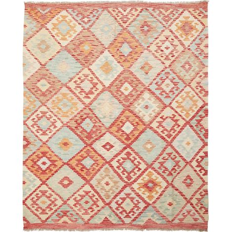 Tapis kilim 160 x 194 cm, motif ethnique, multicolore, beige et rouge, en laine naturelle, tissé à plat (1/5)