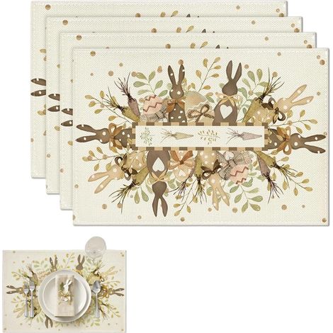 Set mit 4 Leinen-Platzsets (45 x 30 cm) mit Hasen-, Osterei- und Karottenmotiv, ideal zur Dekoration Ihrer Festtafel, leicht zu reinigen (1/5)