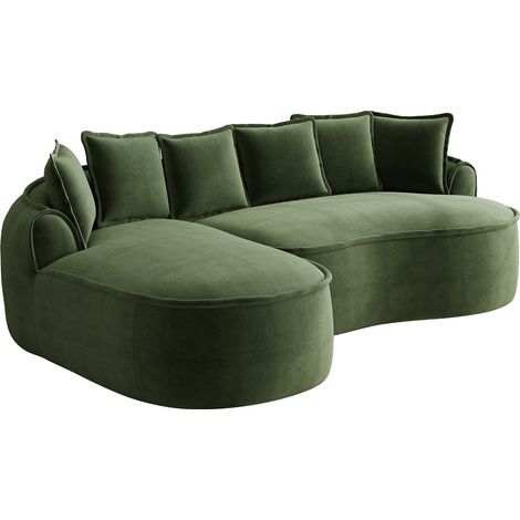 Divano modulare senza telaio in ciniglia verde a L con chaise longue e braccioli ampi (1/5)