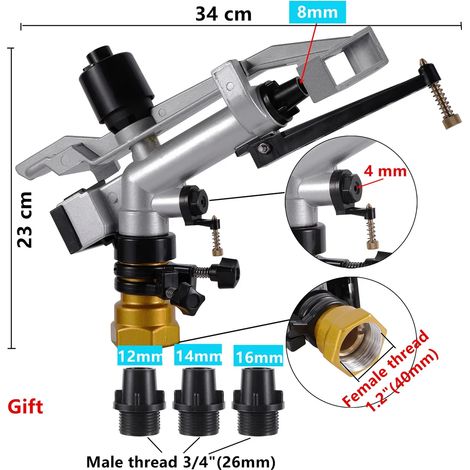 Pistolet d'arrosage à bras pivotant horizontal réglable à 360°, filetage femelle 1,2", longue portée, 4 buses, outils d'irrigation de jardin (1/5)