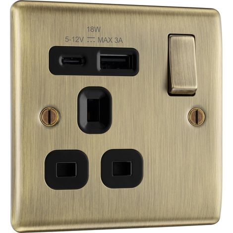Electrical NAB21UAC18B Prise murale à interrupteur unique avec ports de charge USB de type A et USB de type C, charge rapide, profil surélevé et fin, bords arrondis, Nexus métal, laiton antique, 13 (1/5)