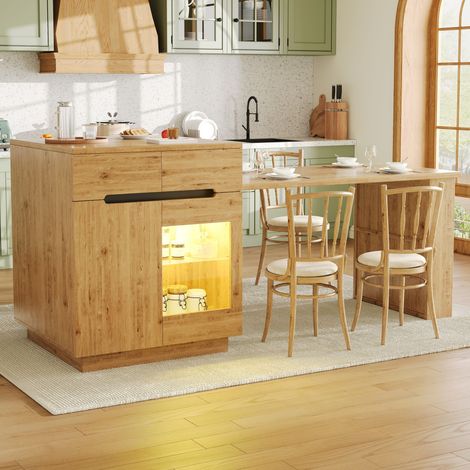 Kitchen Island with Extendable Table, Multifunctional Kitchen Storage Cabinet with LED Lighting (App Control), Oak Effect, Glass Door, for Kitchen & Dining Room