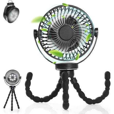 Camping Ventilator Tischventilator, Mini USB Ventilator leise, 5200mAh Akku Ventilator mit LED Licht [Verstellbares Stativ] [3 Geschwindigkeit] [720° Drehung] (1/5)