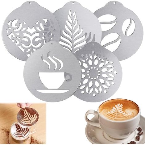 Ensemble de 5 pochoirs à café en acier inoxydable - pochoir cappuccino, pochoir pour décoration de mousse de lait, accessoires de café - parfait pour les pochoirs artistiques DIY et plus encore (1/5)