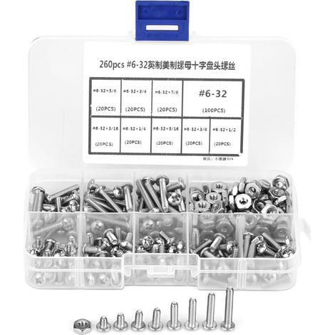 260pcs /set 6-32 Stainless Steel Cross Pan Head Machine Screws Assortment Kit (1/5)