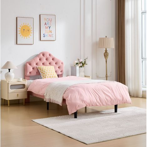 Lit simple 90/200 cm rose en velours à tête de lit réglable (1/5)