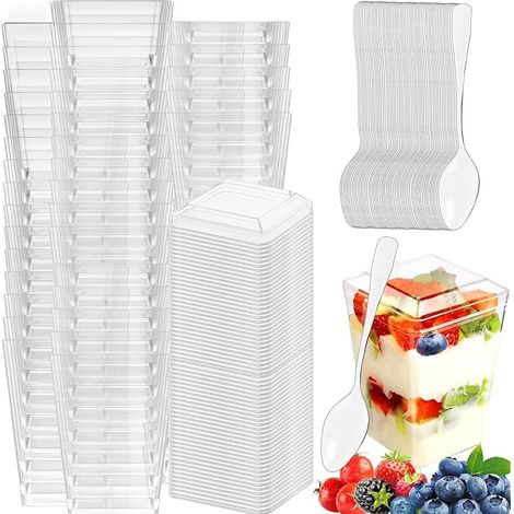 50Pcs Tasses à Dessert avec Cuillères Mini & Couvercle, 5oz/160ml Coupes Dessert, Gobelets Plastique Réutilisables, Verrines Transparents Carrés pour Pudding,Mousse,Crème Glacée,Tiramisu,Anniversaire (1/5)