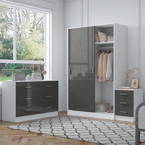 Reflect 2 Door Sliding Wardrobe, 6 Drawer Wide Chest, 3 Drawer Bedside - Grey Gloss & Matt White - Modern Bedroom Furniture Set (1/5)