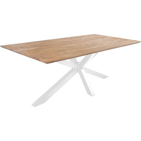 Esstisch 180x90 cm Akazie massiv eichenfarben schweizer Kante Spider-Gestell weiß DEAN