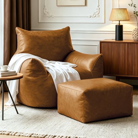 Fauteuil pouf avec ottoman, marron, en faux cuir et tissu, 103 x 90 x 70 cm DESVIAE (1/5)