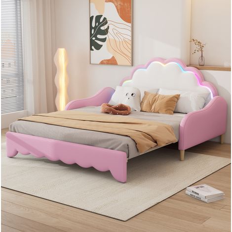 Cama sofá moderna 140x200 cm en PU rosa, convertible con cabecero LED y somier de 17 láminas (1/5)