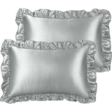 Set aus 2 luxuriösen, gerüschten Kissenbezügen, Retro-Stil, seidiger Satin-Kissenbezug mit Rüschen, 85 g/m² Satin-Kissenbezüge mit Hotelverschluss – Standard – Silbergrau