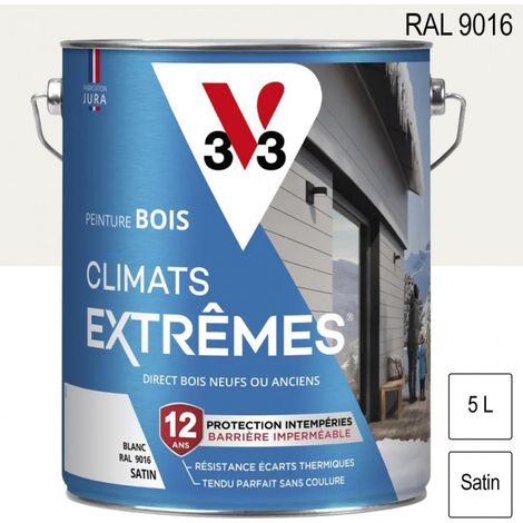 V33 – Peinture bois extérieur Climats Extrêmes RAL 9016 blanc satin 5L – Résistance -40°C à +60°C – Barrière imperméable et étanchéité renforcée
