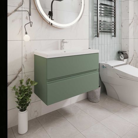 Hudson Reed Urban Wall Hung 2-Drawer Vanity Unit with Basin 2 Satin Green - 800mm Wide (1/5)