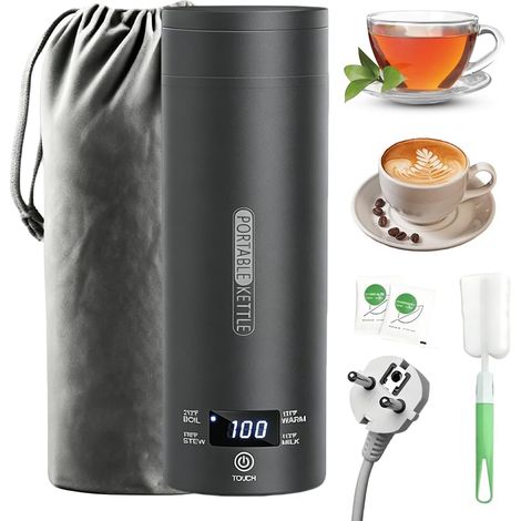 Petite bouilloire électrique de voyage de 500 ml, mini bouilloire portable en acier inoxydable 304, fermeture automatique, 4 niveaux de température pour thé, café, lait de bébé, noir (1/5)