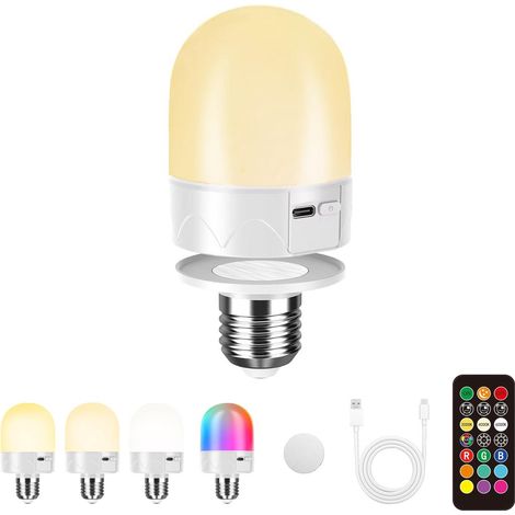 USB-wiederaufladbare Glühbirne mit Fernbedienung, E27-Batteriefassung, wiederaufladbare RGB-Farbwechsellampe, 12 Farbtemperaturen, dimmbar, 3 Timer, kabelloses Nachtlicht, 800 lm, 1 Stück (1/5)