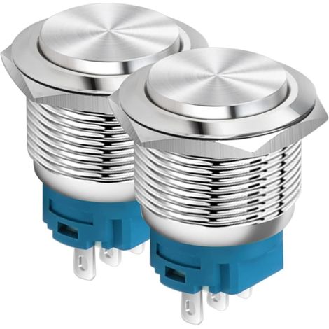 2 pièces 22mm Tête Haute SPDT on/Off Bouton-Poussoir de Verrouillage Étanche, Interrupteur à Bouton en Métal en Acier Inoxydable, Bornes à Souder DC 6V/12V/36V/48VAC 110V/230V 2A 1NO+1NC (1/4)