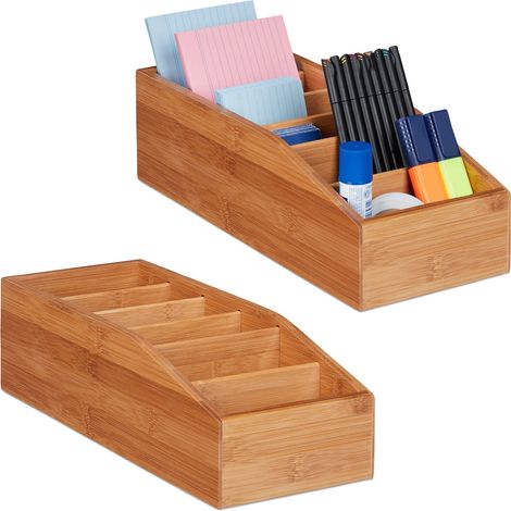 Relaxdays 2x Bamboo Storage Box, 6 Compartments, Office, Bathroom or Kitchen Organiser, HxWxD: 10x14x35cm, Natural