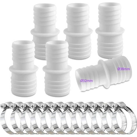 Set mit 6 Schlauchverbindern für Schläuche mit 32 mm bis 38 mm Durchmesser und 12 Schlauchschellen für Schwimmbäder. Doppelschlauchadapter. (1/5)