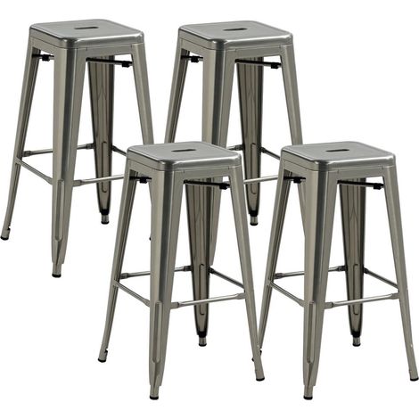 Lot de 4 Tabourets de Bar Industriels en Métal Argent - Assise 76 cm Empilables avec Repose-Pieds (1/5)