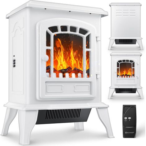 KESSER® Elektrokamin mit Heizlüfter & Fernbedienung 2000W Elektro Kamin Elektrischer Heizung LED Kaminfeuer Effekt Kaminofen Flammeneffekt Heizer Ofen Weiß