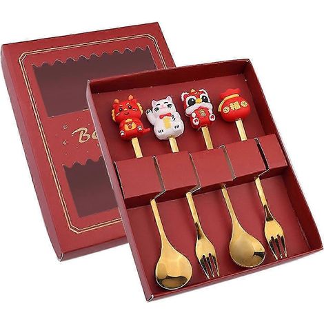 Ensemble de couverts (cuillère et fourchette) à motif de poupée pour le Nouvel An chinois, idéal pour les repas au restaurant ou les fêtes.-Style A