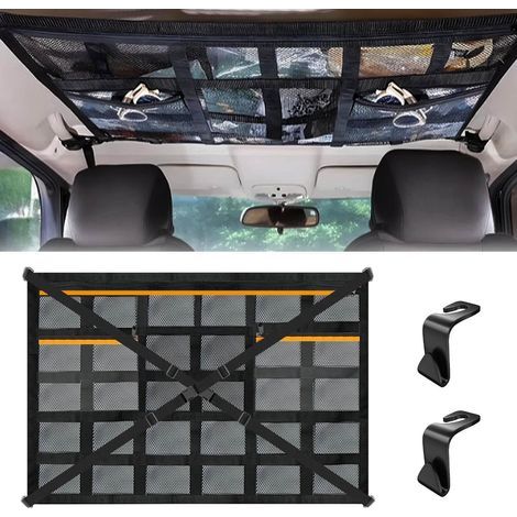Filet de Rangement Voiture, 90×65cm Filet de Rangement Toit et 3 Poches Zippées, pour à la Plupart des Véhicules Courants, SUV, Van, Jeep (1/5)
