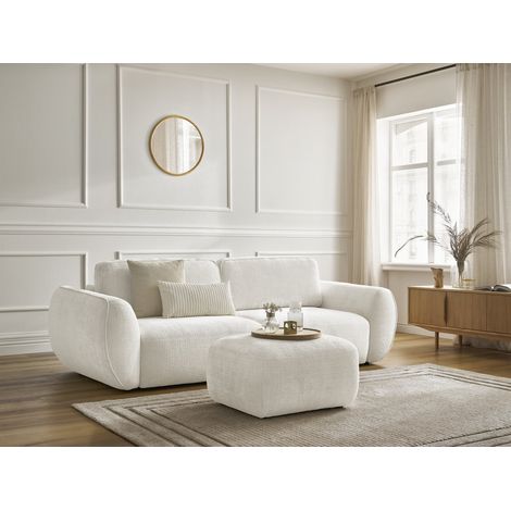 BOBOCHIC - Canapé droit convertible 3 places DENISE tissu texturé avec pouf Blanc (1/5)