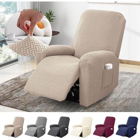 Housse de fauteuil 1 place, housse extensible avec poches, protection intégrale en jacquard rayé pour fauteuils TV et relax (taupe, ensemble de 4 pièces) (1/5)