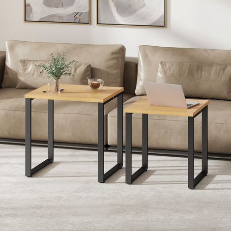 Juego de 2 mesas de centro, mesa de salón con estructura metálica, acabado natural.