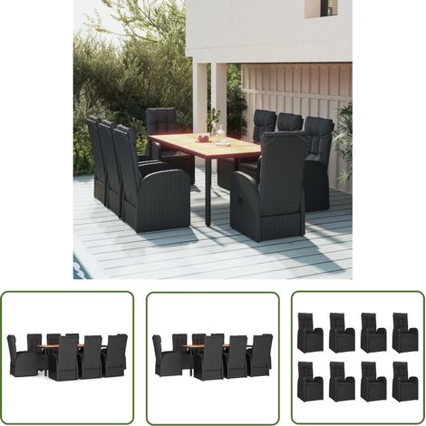 The Living Store 9-tlg. Garten-Essgruppe mit Kissen Schwarz Poly Rattan - Gartensessel - Gartenmöbel - Outdoor Möbel - Esstisch - Essgruppe (1/5)