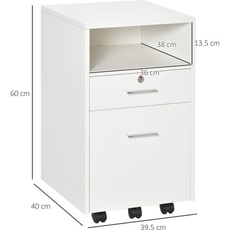 Armoire de bureau avec 2 tiroirs, 5 roues et une étagère ouverte, convient aux documents Lettre/A4, comprend 2 clés, armoire de rangement verticale (pour bureau), 39x40x65cm, blanche. (1/5)