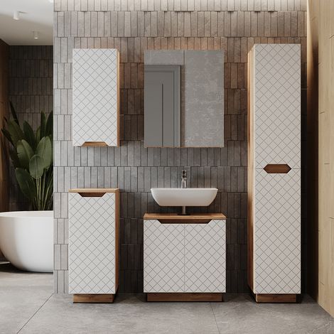 Juego de muebles de baño Lotta, Roble/blanco con estructura de azulejos, 5 partes, Vicco (1/5)