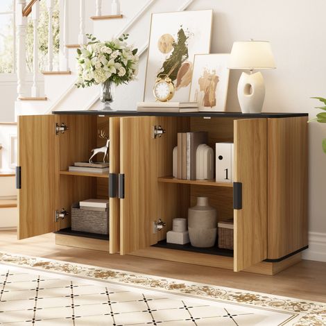 Buffet 4 portes à relief ondulé, effet bois naturel, 139 x 40 x 75 cm, OKWISH (1/5)