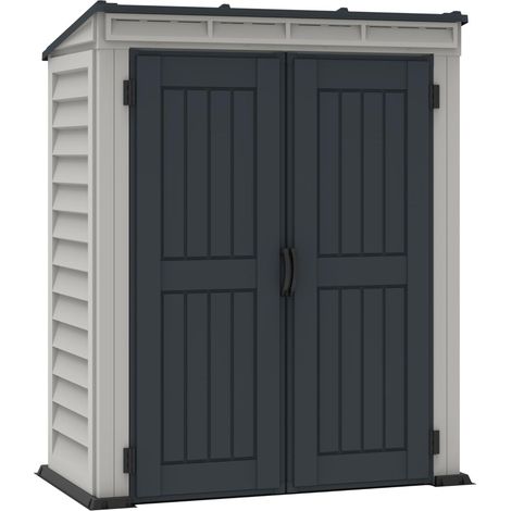 Abri de jardin en plastique avec plancher en plastique robuste, structure de toit en métal robuste, ignifuge et sans entretien, Gris foncé/ Adobe (1/5)