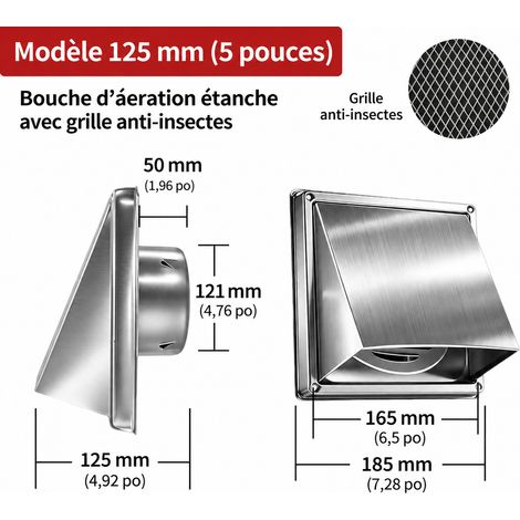 Grille d'aération murale carrée en inox 304 avec grille 125 mm 5 pouces 125mm 5 réf 7705 19 × 18,5 × 12 cm 447 g – Livraison gratuite