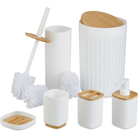 Lot de 6 Accessoires pour la Salle de Bain, Plastique et Bambou, Set Pratique, Blanc et Nature (1/5)