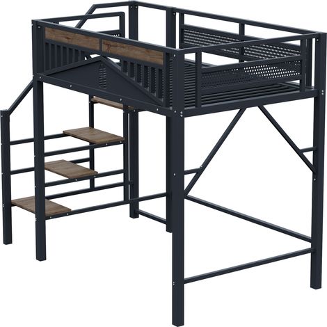 Letto a soppalco in metallo 140 x 200 cm nero con scala di sicurezza e vano portaoggetti (1/5)