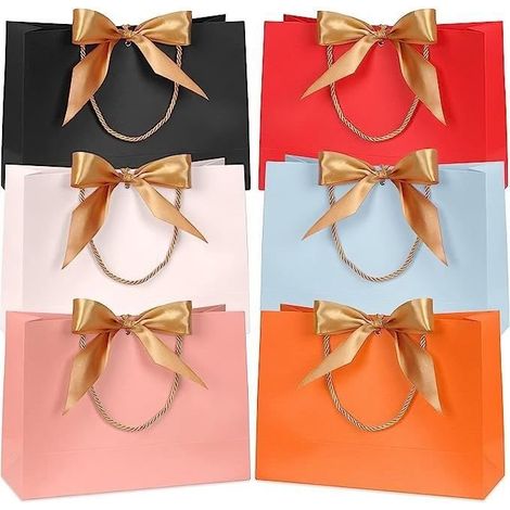 (Rosa) 6 bunte Papiergeschenktüten, 32 x 25 x 11 cm, mit goldenen Schleifen, ideal als Geschenktüten für Hochzeiten, Partys und Geburtstage. (1/4)