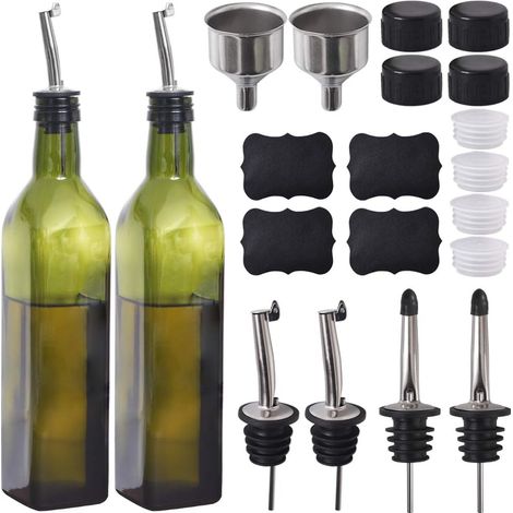 Ensemble de 2 bouteilles en verre pour huile d’olive, distributeurs d'huile/vinaigre, carafes pour cuisine, avec bec verseur + entonnoir, vert, 500 ml (1/5)