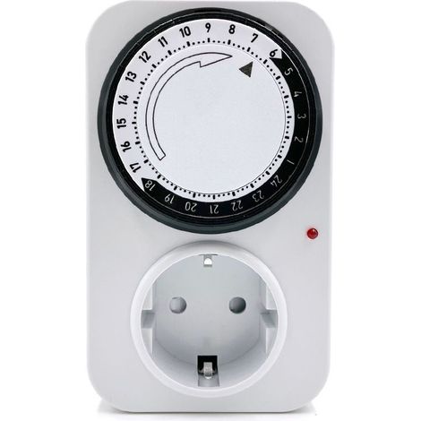 Minuteur journalier, mécanique, pour usage intérieur, blanc, intervalles réglables de 15 minutes, minuterie 24 heures, prise universelle. (1/4)