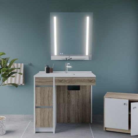 Meuble salle de bain PMR ANDY PLUS 90 cm bois et blanc + miroir Rota Plus- Vasque à droite (1/5)